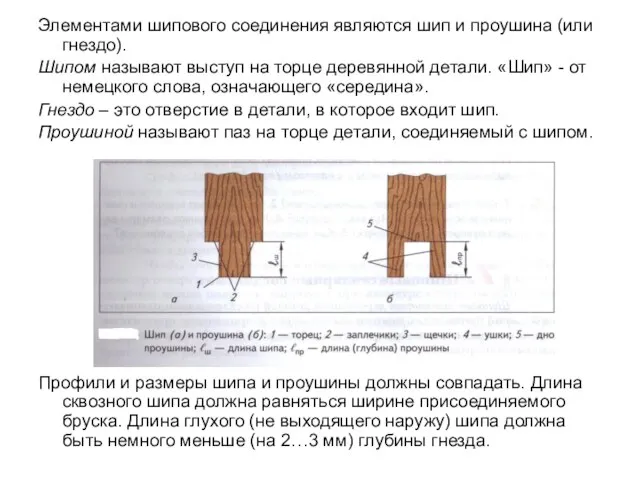 Элементами шипового соединения являются шип и проушина (или гнездо). Шипом называют