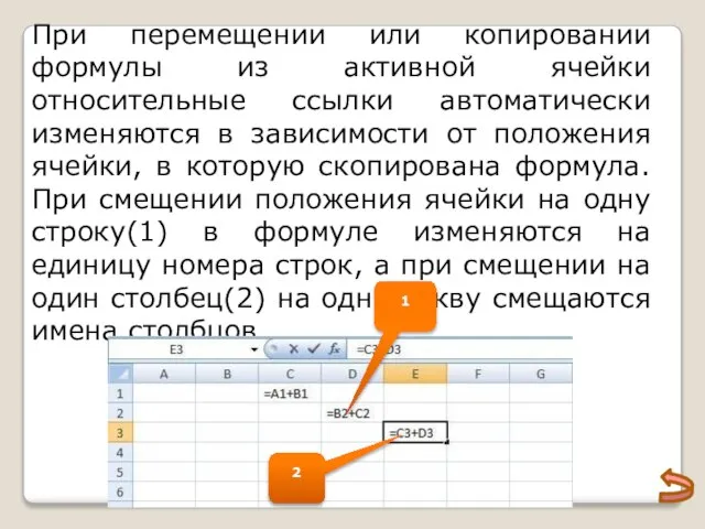 При перемещении или копировании формулы из активной ячейки относительные ссылки автоматически