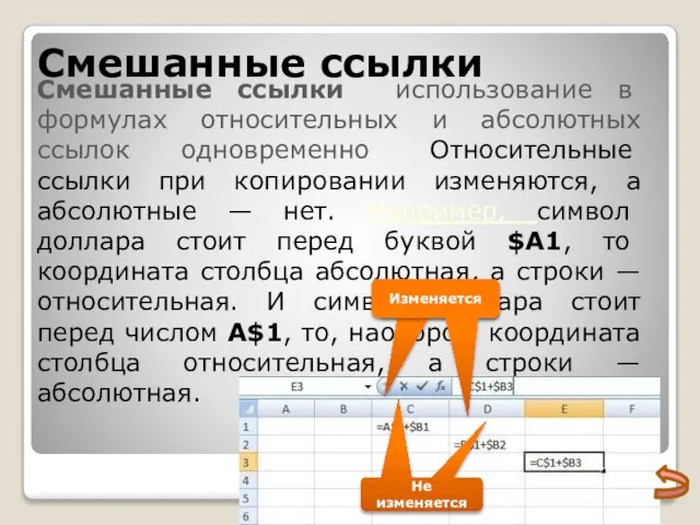 Смешанные ссылки использование в формулах относительных и абсолютных ссылок одновременно. Относительные