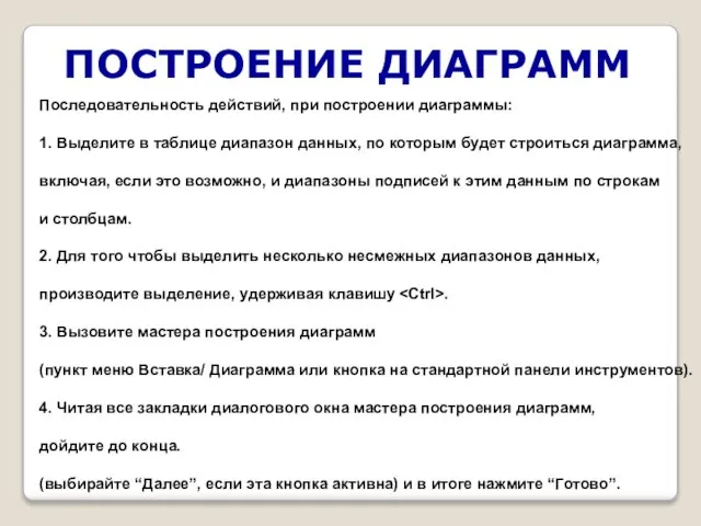 ПОСТРОЕНИЕ ДИАГРАММ Последовательность действий, при построении диаграммы: 1. Выделите в таблице