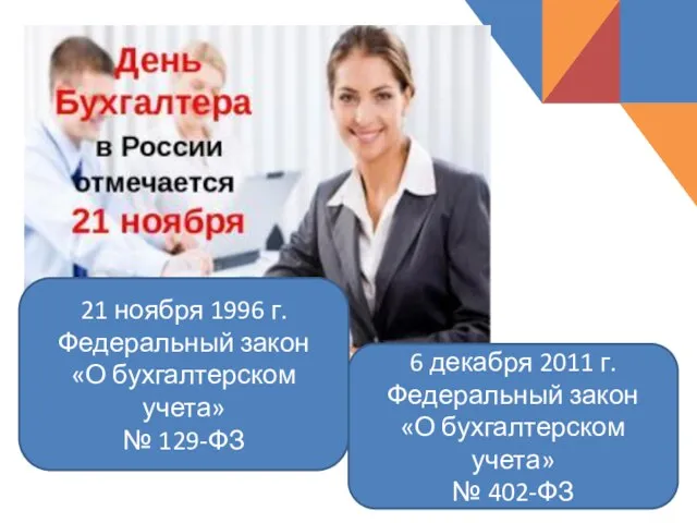 21 ноября 1996 г. Федеральный закон «О бухгалтерском учета» № 129-ФЗ