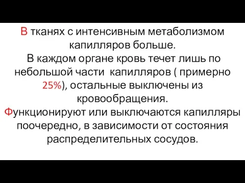 В тканях с интенсивным метаболизмом капилляров больше. В каждом органе кровь