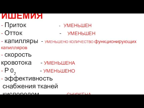 ИШЕМИЯ - Приток - УМЕНЬШЕН - Отток - УМЕНЬШЕН - капилляры