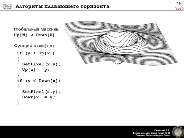 Алгоритм плавающего горизонта глобальные массивы: Up[W] и Down[W] Функция точки(x,y): if