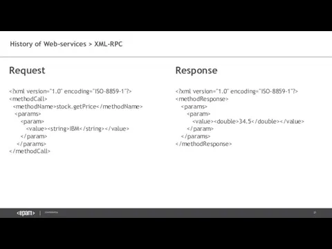 History of Web-services > XML-RPC Request stock.getPrice IBM Response 34.5