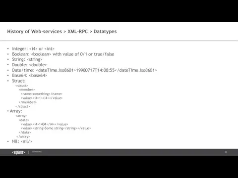 History of Web-services > XML-RPC > Datatypes Integer: or Boolean: with