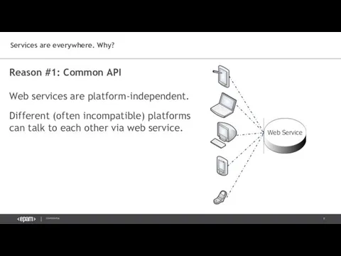 Reason #1: Common API Web services are platform-independent. Different (often incompatible)