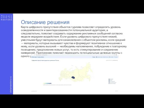 Описание решения Карта цифрового присутствия объектов туризма позволяет определить уровень осведомленности