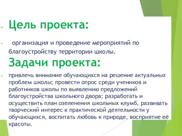 Цель проекта: организация и проведение мероприятий по благоустройству территории школы. Задачи