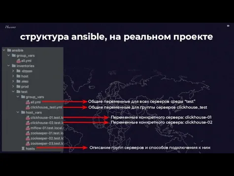 структура ansible, на реальном проекте Описание групп серверов и способов подключения