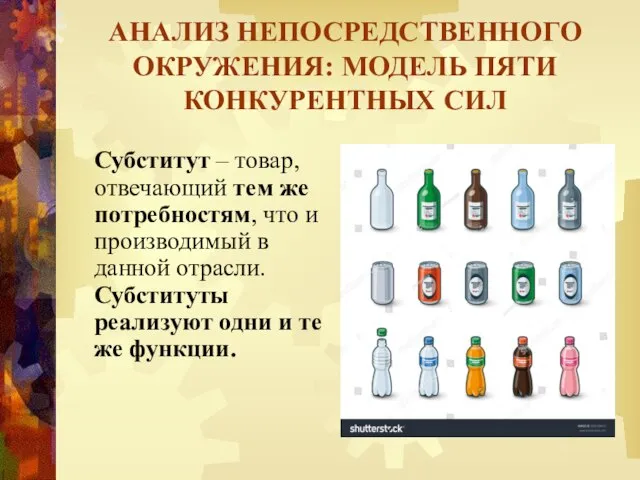 АНАЛИЗ НЕПОСРЕДСТВЕННОГО ОКРУЖЕНИЯ: МОДЕЛЬ ПЯТИ КОНКУРЕНТНЫХ СИЛ Субститут – товар, отвечающий