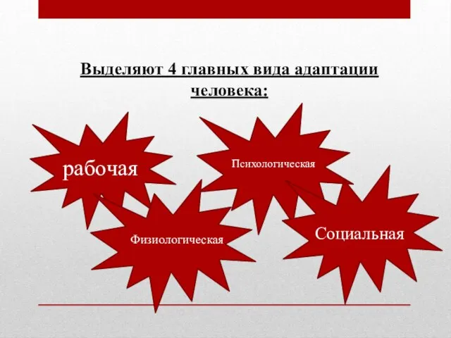 Выделяют 4 главных вида адаптации человека: рабочая Физиологическая Психологическая Социальная