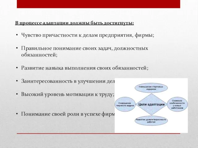 В процессе адаптации должны быть достигнуты: Чувство причастности к делам предприятия,