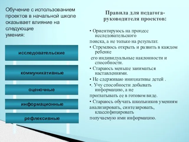 Правила для педагога- руководителя проектов: • Ориентируюсь на процесс исследовательского поиска,