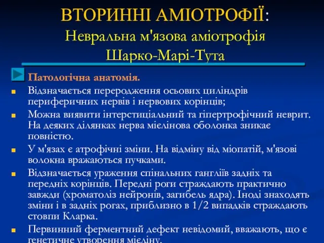 ВТОРИННІ АМІОТРОФІЇ: Невральна м'язова аміотрофія Шарко-Марі-Тута Патологічна анатомія. Відзначається переродження осьових