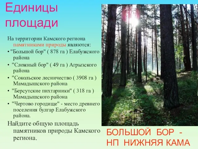 Единицы площади На территории Камского региона памятниками природы являются: • "Большой