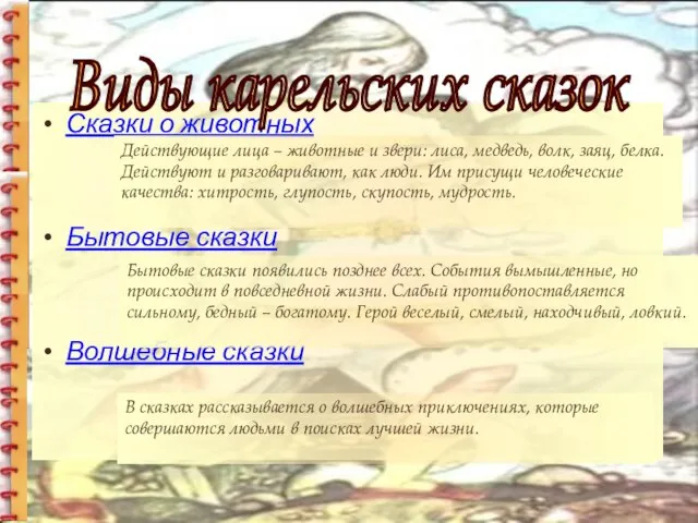 Сказки о животных Бытовые сказки Волшебные сказки Действующие лица – животные