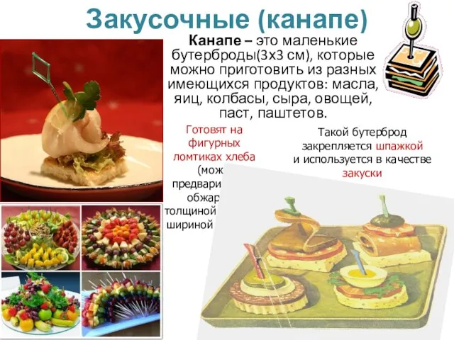 Закусочные (канапе) Готовят на фигурных ломтиках хлеба (можно предварительно обжарить) толщиной