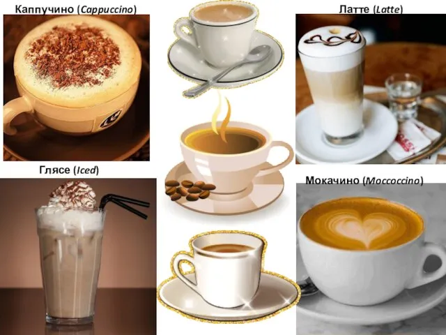 Каппучино (Cappuccino) Глясе (Iced) Мокачино (Moccoccino) Латте (Latte)