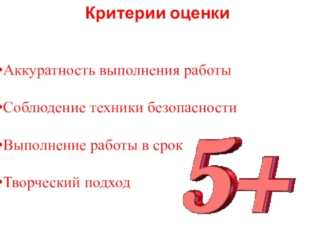 Критерии оценки Аккуратность выполнения работы Соблюдение техники безопасности Выполнение работы в срок Творческий подход