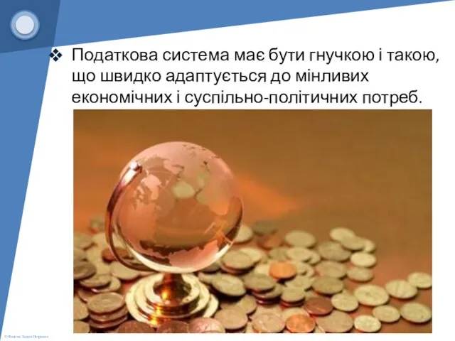 Податкова система має бути гнучкою і такою, що швидко адаптується до мінливих економічних і суспільно-політичних потреб.