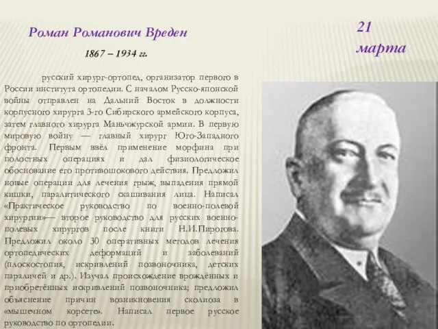 Роман Романович Вреден 1867 – 1934 гг. русский хирург-ортопед, организатор первого