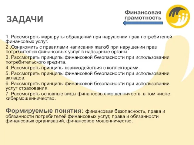 ЗАДАЧИ 1. Рассмотреть маршруты обращений при нарушении прав потребителей финансовых услуг.