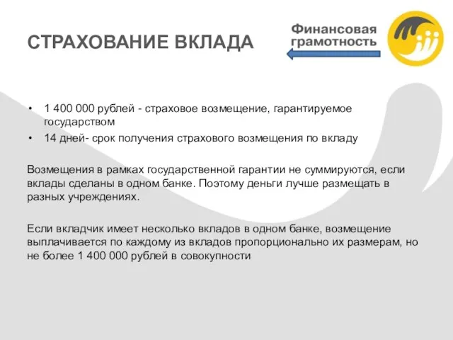 СТРАХОВАНИЕ ВКЛАДА 1 400 000 рублей - страховое возмещение, гарантируемое государством