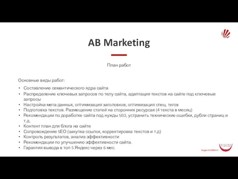 AB Marketing План работ Основные виды работ: Составление семантического ядра сайта