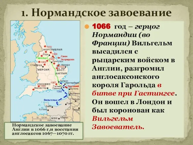 1. Нормандское завоевание Нормандское завоевание Англии в 1066 г.и восстания англосаксов