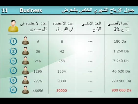 جدول الأرباح الشهري الخاص بالـعرض عدد الأعضاء في كل مستوى عدد