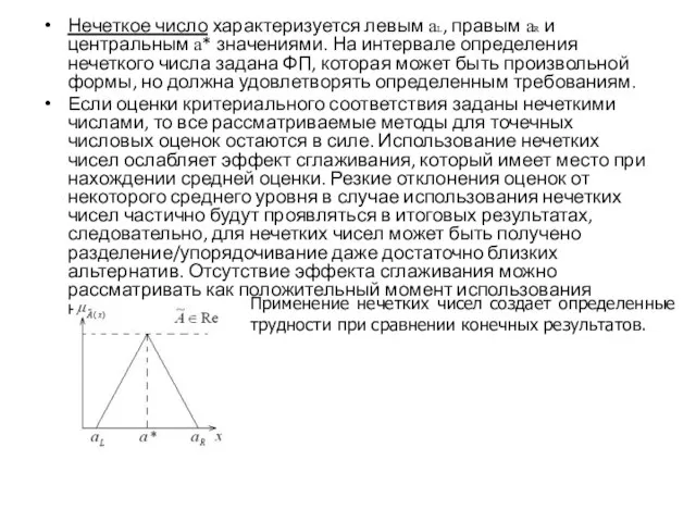 Нечеткое число характеризуется левым aL, правым aR и центральным a* значениями.