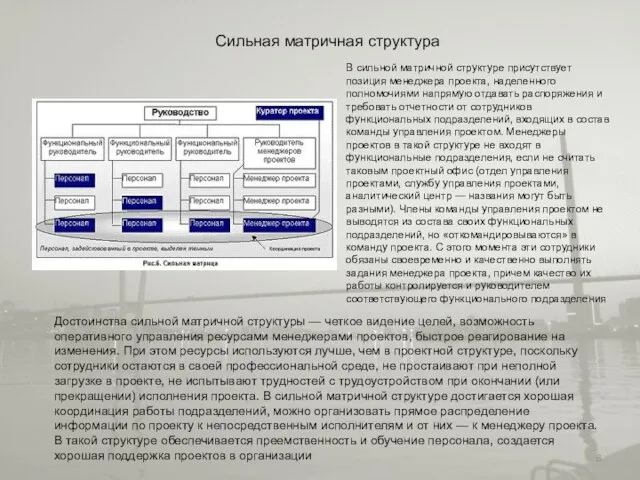 В сильной матричной структуре присутствует позиция менеджера проекта, наделенного полномочиями напрямую