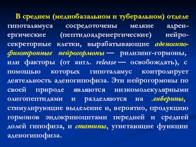 В среднем (медиобазальном и туберальном) отделе гипоталамуса сосредоточены мелкие адрен-ергические (пептидоадренергические)