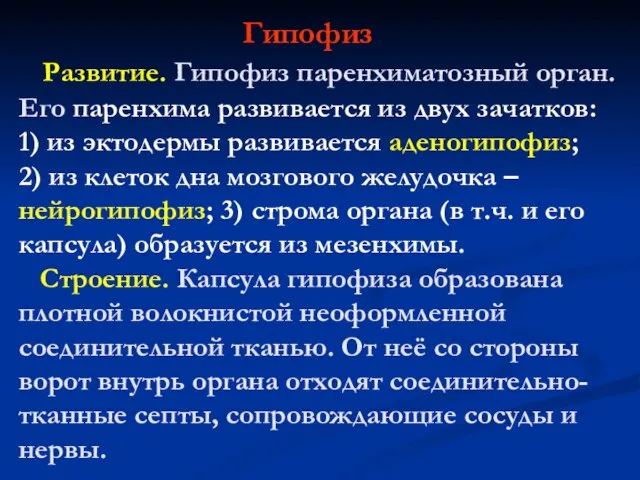 Гипофиз Развитие. Гипофиз паренхиматозный орган. Его паренхима развивается из двух зачатков: