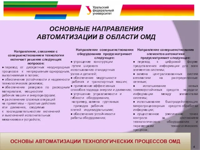 ОСНОВНЫЕ НАПРАВЛЕНИЯ АВТОМАТИЗАЦИИ В ОБЛАСТИ ОМД Направление, связанное с совершенствованием технологии