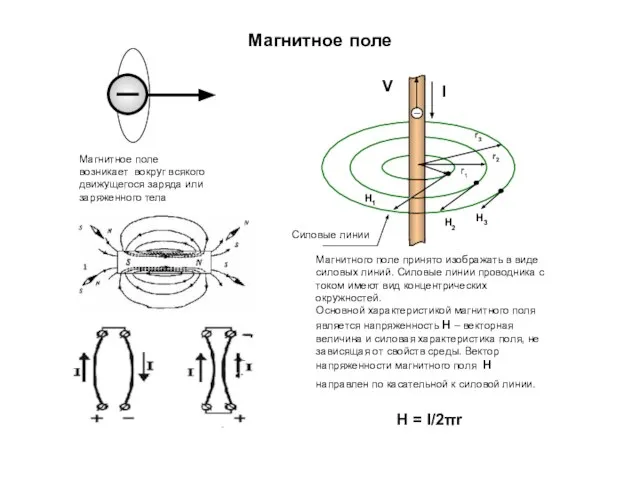 Магнитное поле Магнитное поле возникает вокруг всякого движущегося заряда или заряженного