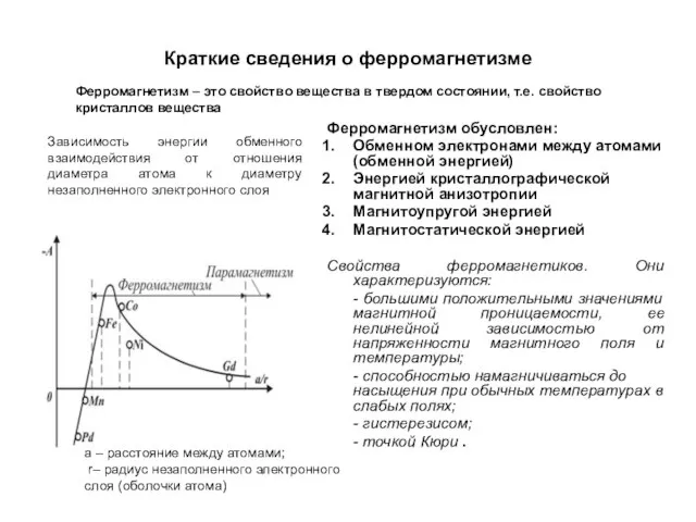 Краткие сведения о ферромагнетизме Ферромагнетизм обусловлен: Обменном электронами между атомами (обменной