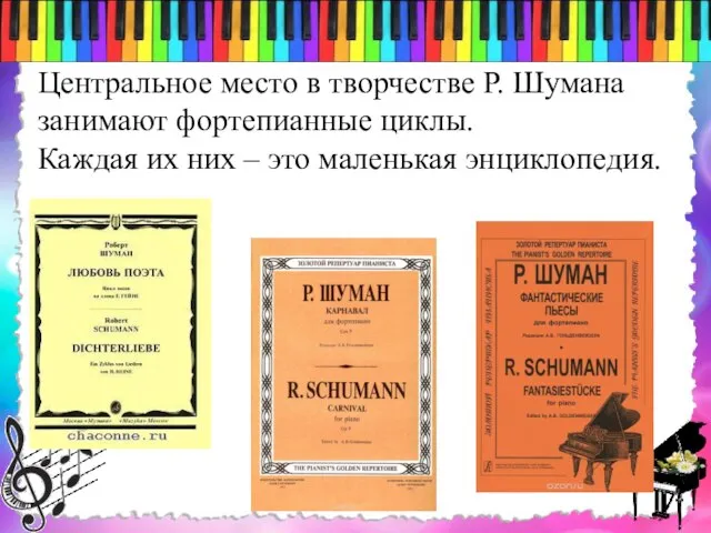 Центральное место в творчестве Р. Шумана занимают фортепианные циклы. Каждая их них – это маленькая энциклопедия.