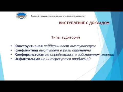 Томский государственный педагогический университет ВЫСТУПЛЕНИЕ С ДОКЛАДОМ Типы аудиторий Конструктивная поддерживает