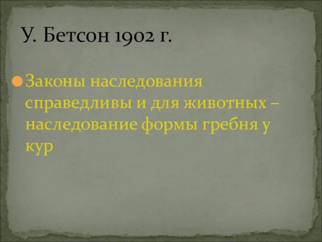 Законы наследования справедливы и для животных – наследование формы гребня у кур У. Бетсон 1902 г.