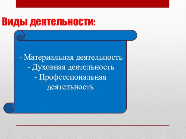 Виды деятельности: Материальная деятельность Духовная деятельность - Профессиональная деятельность