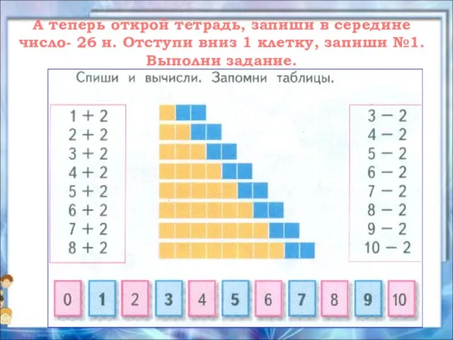 А теперь открой тетрадь, запиши в середине число- 26 н. Отступи