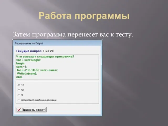 Работа программы Затем программа перенесет вас к тесту.