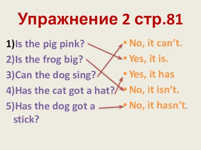 Упражнение 2 стр.81 1)Is the pig pink? 2)Is the frog big?