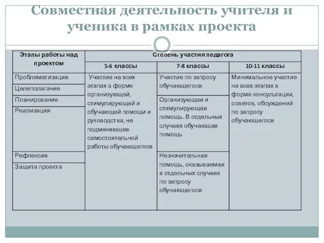 Совместная деятельность учителя и ученика в рамках проекта