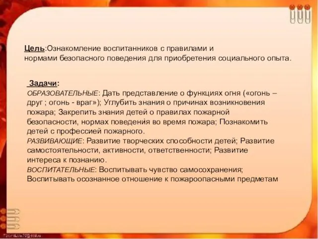 Цель:Ознакомление воспитанников с правилами и нормами безопасного поведения для приобретения социального