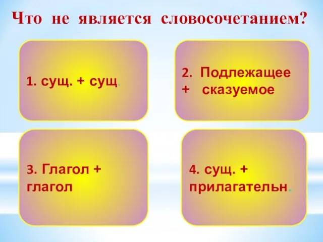 Что не является словосочетанием? 1. сущ. + сущ. 2. Подлежащее +