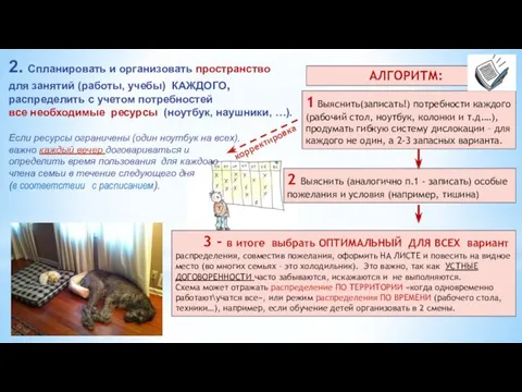 1 Выяснить(записать!) потребности каждого (рабочий стол, ноутбук, колонки и т.д.…), продумать