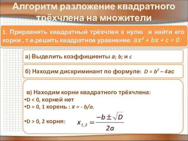 Алгоритм разложение квадратного трёхчлена на множители 1. Приравнять квадратный трёхчлен к